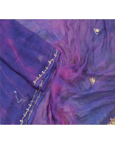Sanskriti Vintage Dupatta Long Stole Pure Chiffon Silk Purple Tie &amp; Dye Scarves DC-47959-Purple &amp; Blue-Zari Work-Pure Chiffon Silk-3
