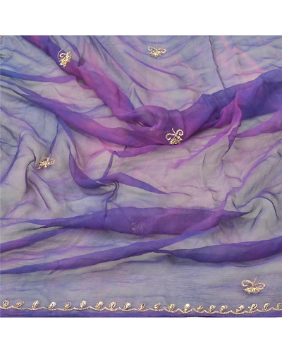 Sanskriti Vintage Dupatta Long Stole Pure Chiffon Silk Purple Tie &amp; Dye Scarves DC-47959-Purple &amp; Blue-Zari Work-Pure Chiffon Silk-6
