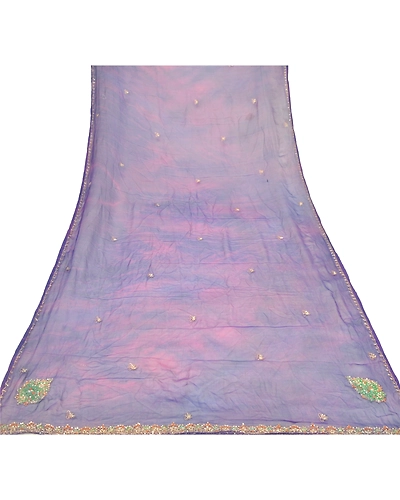 Sanskriti Vintage Dupatta Long Stole Pure Chiffon Silk Purple Tie &amp; Dye Scarves DC-47959-Purple &amp; Blue-Zari Work-Pure Chiffon Silk-7