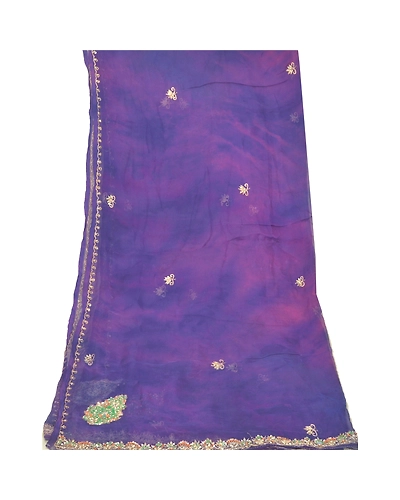 Sanskriti Vintage Dupatta Long Stole Pure Chiffon Silk Purple Tie &amp; Dye Scarves DC-47959-Purple &amp; Blue-Zari Work-Pure Chiffon Silk-8