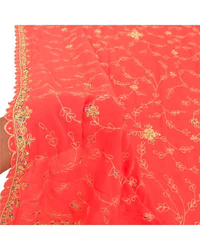 Sanskriti Vintage Dupatta Long Stole Georgette Peach Veil Hand Beaded Scarves DC-47995-Peach-Zardozi Work-Georgette-5
