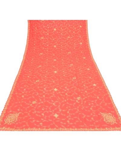 Sanskriti Vintage Dupatta Long Stole Georgette Peach Veil Hand Beaded Scarves DC-47995-Peach-Zardozi Work-Georgette-7