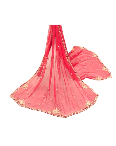 Sanskriti Vintage Dupatta Long Stole Pure Chiffon Silk Red Hand Beaded Scarves DC-48045-Dark Red-Zardozi Work-Pure Chiffon Silk-2