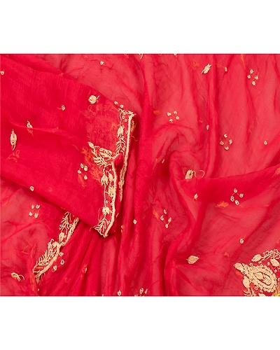 Sanskriti Vintage Dupatta Long Stole Pure Chiffon Silk Red Hand Beaded Scarves DC-48045-Dark Red-Zardozi Work-Pure Chiffon Silk-3