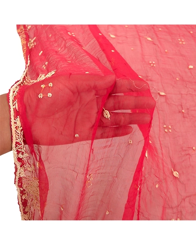 Sanskriti Vintage Dupatta Long Stole Pure Chiffon Silk Red Hand Beaded Scarves DC-48045-Dark Red-Zardozi Work-Pure Chiffon Silk-5