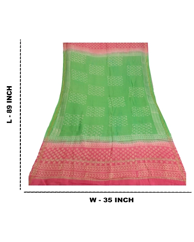 Sanskriti Vintage Dupatta Long Stole Chanderi Hijab Green Block Printed Scarves DC-48076-Green &amp; Pink-Printed Work-Chanderi-1