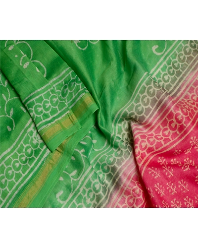 Sanskriti Vintage Dupatta Long Stole Chanderi Hijab Green Block Printed Scarves DC-48076-Green &amp; Pink-Printed Work-Chanderi-3