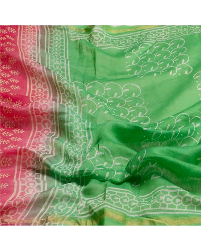 Sanskriti Vintage Dupatta Long Stole Chanderi Hijab Green Block Printed Scarves DC-48076-Green &amp; Pink-Printed Work-Chanderi-6