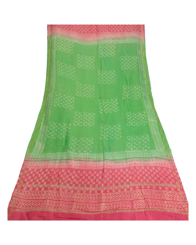 Sanskriti Vintage Dupatta Long Stole Chanderi Hijab Green Block Printed Scarves DC-48076-Green &amp; Pink-Printed Work-Chanderi-7