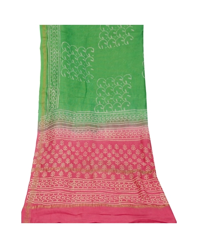 Sanskriti Vintage Dupatta Long Stole Chanderi Hijab Green Block Printed Scarves DC-48076-Green &amp; Pink-Printed Work-Chanderi-8