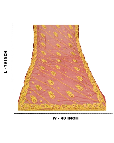 Sanskriti Vintage Dupatta Long Stole Pure Chiffon Silk Dark Red Hand Beaded Veil DC-48181-Dark Red-Thread Work-Pure Chiffon Silk-1