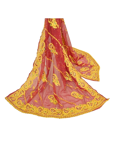 Sanskriti Vintage Dupatta Long Stole Pure Chiffon Silk Dark Red Hand Beaded Veil DC-48181-Dark Red-Thread Work-Pure Chiffon Silk-2