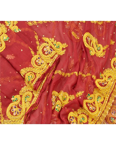 Sanskriti Vintage Dupatta Long Stole Pure Chiffon Silk Dark Red Hand Beaded Veil DC-48181-Dark Red-Thread Work-Pure Chiffon Silk-3