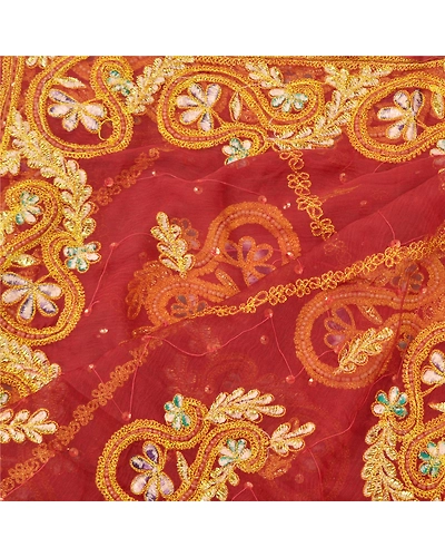 Sanskriti Vintage Dupatta Long Stole Pure Chiffon Silk Dark Red Hand Beaded Veil DC-48181-Dark Red-Thread Work-Pure Chiffon Silk-4