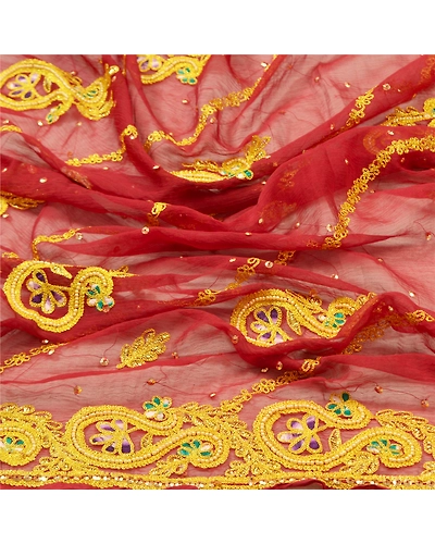 Sanskriti Vintage Dupatta Long Stole Pure Chiffon Silk Dark Red Hand Beaded Veil DC-48181-Dark Red-Thread Work-Pure Chiffon Silk-6