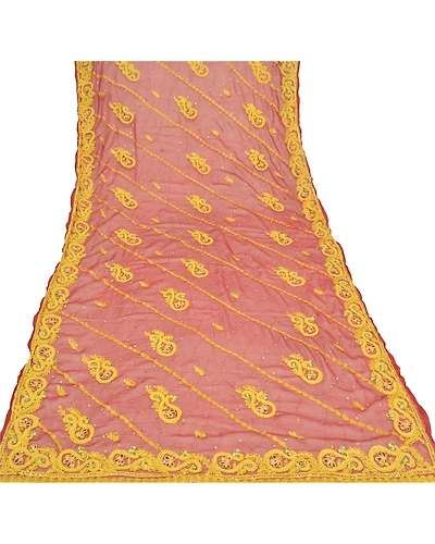 Sanskriti Vintage Dupatta Long Stole Pure Chiffon Silk Dark Red Hand Beaded Veil DC-48181-Dark Red-Thread Work-Pure Chiffon Silk-7