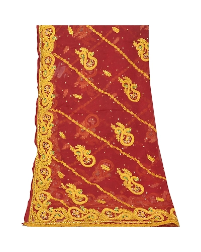 Sanskriti Vintage Dupatta Long Stole Pure Chiffon Silk Dark Red Hand Beaded Veil DC-48181-Dark Red-Thread Work-Pure Chiffon Silk-8
