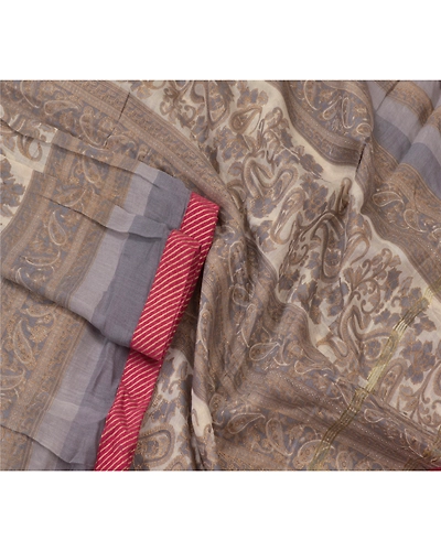 Sanskriti Vintage Dupatta Long Stole Cotton Grey Printed/Painted Wrap Scarves DC-48212-Cream &amp; Grey-Printed Work-Cotton-4