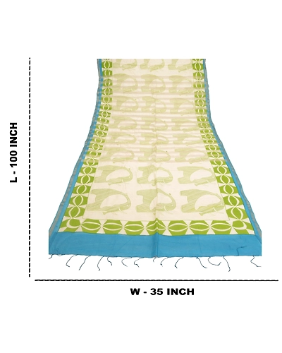 Sanskriti Vintage Dupatta Long Stole Cotton White Animal Printed Wrap Scarves dc-48248-Shade Of White &amp; Green-Printed Work-Cotton-1