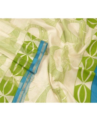 Sanskriti Vintage Dupatta Long Stole Cotton White Animal Printed Wrap Scarves dc-48248-Shade Of White &amp; Green-Printed Work-Cotton-3