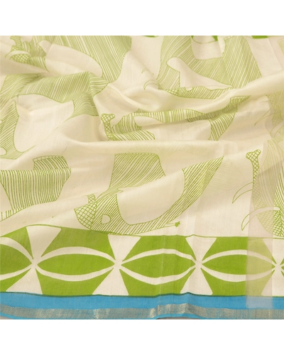 Sanskriti Vintage Dupatta Long Stole Cotton White Animal Printed Wrap Scarves dc-48248-Shade Of White &amp; Green-Printed Work-Cotton-6