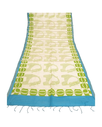 Sanskriti Vintage Dupatta Long Stole Cotton White Animal Printed Wrap Scarves dc-48248-Shade Of White &amp; Green-Printed Work-Cotton-7