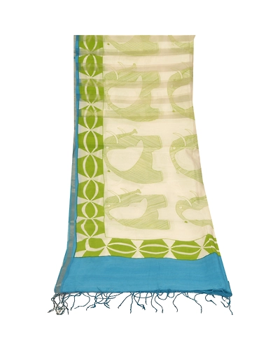 Sanskriti Vintage Dupatta Long Stole Cotton White Animal Printed Wrap Scarves dc-48248-Shade Of White &amp; Green-Printed Work-Cotton-8