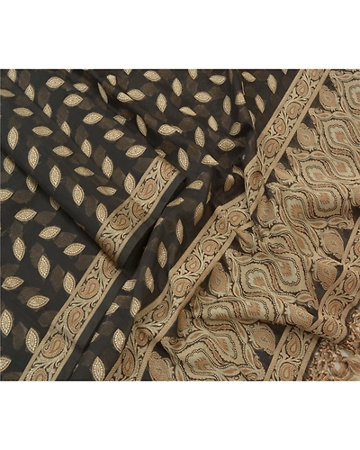 Sanskriti Vintage Dupatta Long Stole Cotton Black Hand-Woven Wrap Hijab DC-48297-Black-Woven Work-Cotton-4