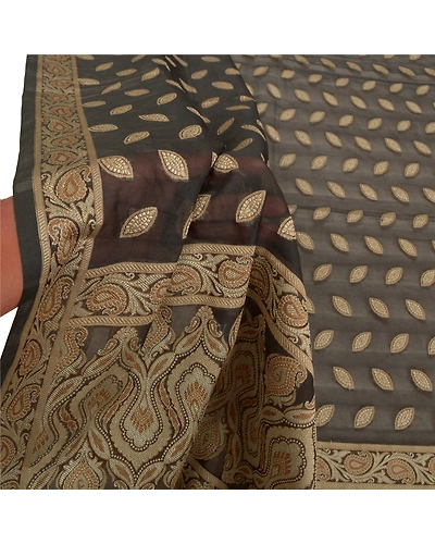 Sanskriti Vintage Dupatta Long Stole Cotton Black Hand-Woven Wrap Hijab DC-48297-Black-Woven Work-Cotton-6