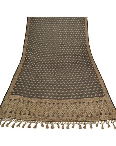 Sanskriti Vintage Dupatta Long Stole Cotton Black Hand-Woven Wrap Hijab DC-48297-Black-Woven Work-Cotton-8