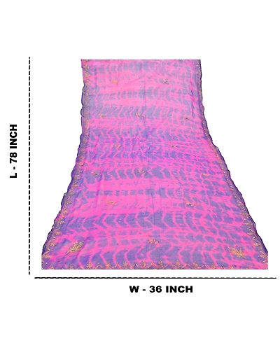 Sanskriti Vintage Dupatta Long Stole Pure Chiffon Silk Pink Handmade Tie- Dye DC-48338-Pink &amp; Blue-Zari Work-Pure Chiffon Silk-1