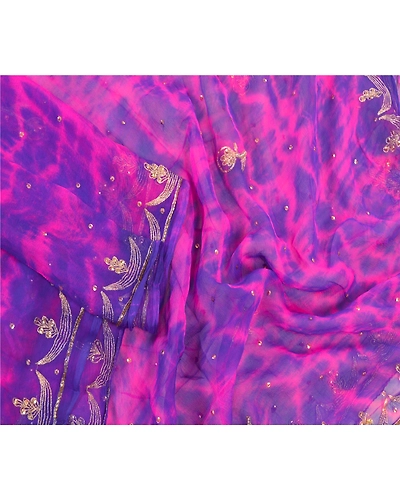 Sanskriti Vintage Dupatta Long Stole Pure Chiffon Silk Pink Handmade Tie- Dye DC-48338-Pink &amp; Blue-Zari Work-Pure Chiffon Silk-3