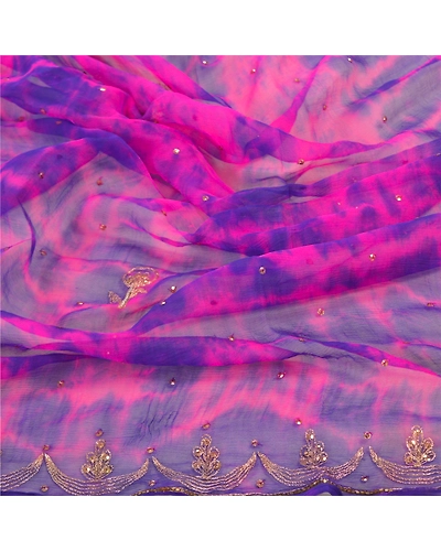 Sanskriti Vintage Dupatta Long Stole Pure Chiffon Silk Pink Handmade Tie- Dye DC-48338-Pink &amp; Blue-Zari Work-Pure Chiffon Silk-6