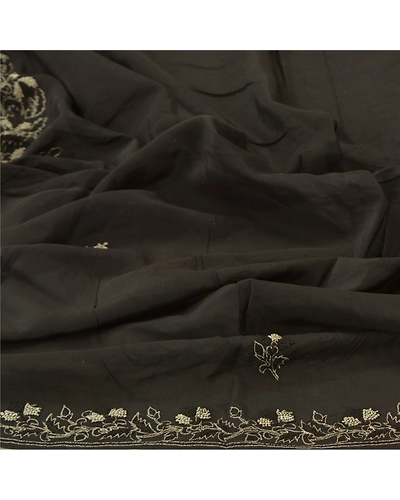 Sanskriti Vintage Dupatta Long Stole Crepe Black Hand Embroidered Zari Hijab DC-48343-Black-Zari Work-Crepe-7