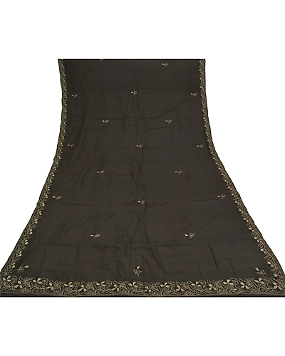 Sanskriti Vintage Dupatta Long Stole Crepe Black Hand Embroidered Zari Hijab DC-48343-Black-Zari Work-Crepe-8