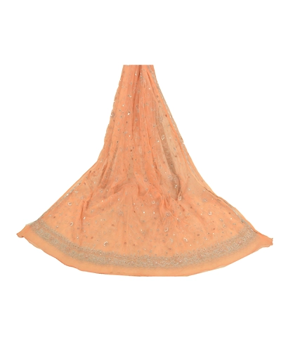 Sanskriti Vintage Dupatta Long Stole Net Mesh Peach Hand Embroidered Zari Veil DC-48345-Shade Of Peach-Zardozi Work-Net Mesh-3