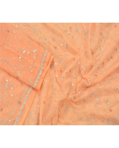 Sanskriti Vintage Dupatta Long Stole Net Mesh Peach Hand Embroidered Zari Veil DC-48345-Shade Of Peach-Zardozi Work-Net Mesh-4