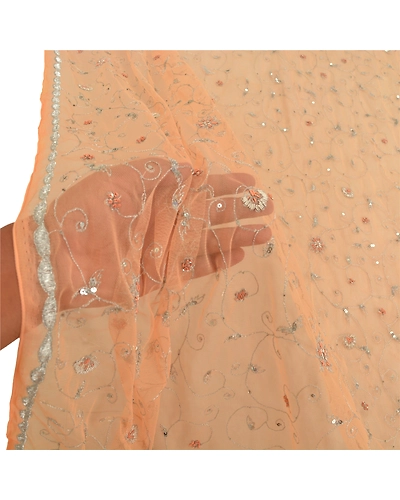 Sanskriti Vintage Dupatta Long Stole Net Mesh Peach Hand Embroidered Zari Veil DC-48345-Shade Of Peach-Zardozi Work-Net Mesh-6