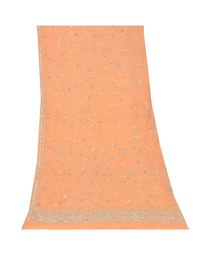 Sanskriti Vintage Dupatta Long Stole Net Mesh Peach Hand Embroidered Zari Veil DC-48345-Shade Of Peach-Zardozi Work-Net Mesh-9
