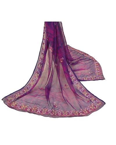 Sanskriti Vintage Dupatta Long Stole Pure Chiffon Silk Purple Handmade Tie- Dye DC-48356-Purple-Zardozi Work-Pure Chiffon Silk-2