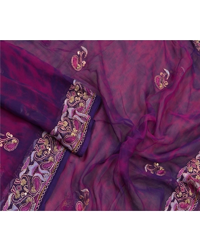 Sanskriti Vintage Dupatta Long Stole Pure Chiffon Silk Purple Handmade Tie- Dye DC-48356-Purple-Zardozi Work-Pure Chiffon Silk-3