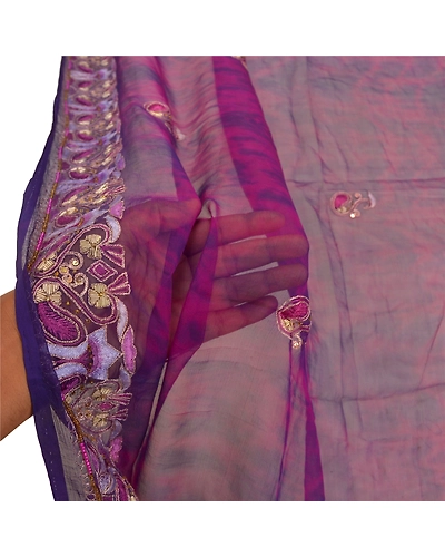 Sanskriti Vintage Dupatta Long Stole Pure Chiffon Silk Purple Handmade Tie- Dye DC-48356-Purple-Zardozi Work-Pure Chiffon Silk-5