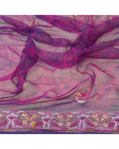Sanskriti Vintage Dupatta Long Stole Pure Chiffon Silk Purple Handmade Tie- Dye DC-48356-Purple-Zardozi Work-Pure Chiffon Silk-6