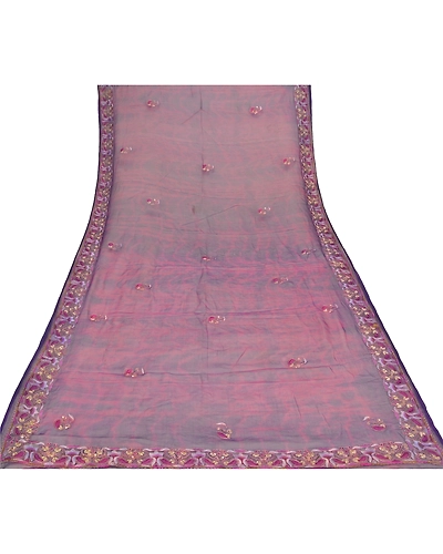 Sanskriti Vintage Dupatta Long Stole Pure Chiffon Silk Purple Handmade Tie- Dye DC-48356-Purple-Zardozi Work-Pure Chiffon Silk-7
