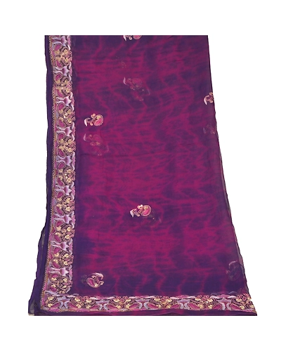 Sanskriti Vintage Dupatta Long Stole Pure Chiffon Silk Purple Handmade Tie- Dye DC-48356-Purple-Zardozi Work-Pure Chiffon Silk-8