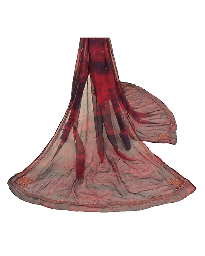 Sanskriti Vintage Dupatta Long Stole Pure Chiffon Silk Handmade Tie- Dye Veil DC-48359-Dark Red &amp; Brown-Zardozi Work-Pure Chiffon Silk-2