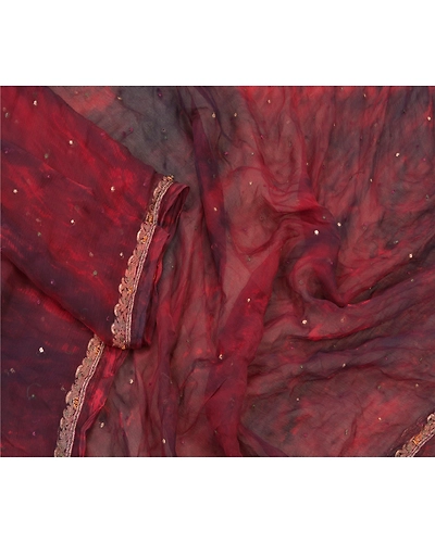 Sanskriti Vintage Dupatta Long Stole Pure Chiffon Silk Handmade Tie- Dye Veil DC-48359-Dark Red &amp; Brown-Zardozi Work-Pure Chiffon Silk-3