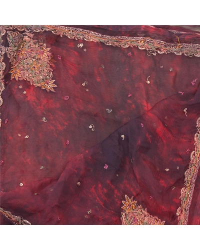 Sanskriti Vintage Dupatta Long Stole Pure Chiffon Silk Handmade Tie- Dye Veil DC-48359-Dark Red &amp; Brown-Zardozi Work-Pure Chiffon Silk-4