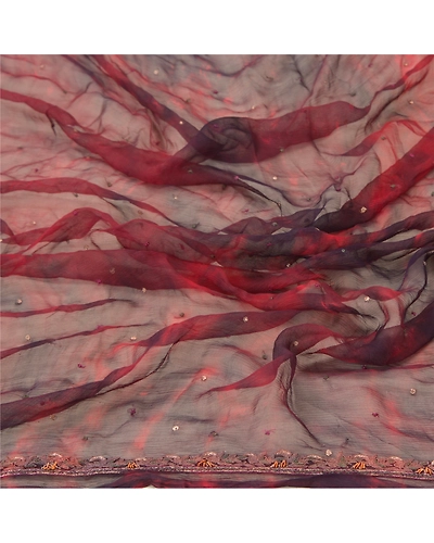 Sanskriti Vintage Dupatta Long Stole Pure Chiffon Silk Handmade Tie- Dye Veil DC-48359-Dark Red &amp; Brown-Zardozi Work-Pure Chiffon Silk-6