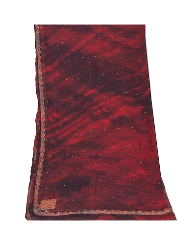 Sanskriti Vintage Dupatta Long Stole Pure Chiffon Silk Handmade Tie- Dye Veil DC-48359-Dark Red &amp; Brown-Zardozi Work-Pure Chiffon Silk-8